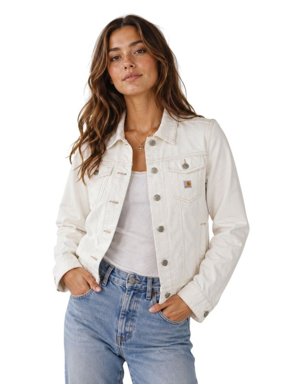 Y2K Carhartt WJ028 Womens White Denim Trucker Jacket Size S